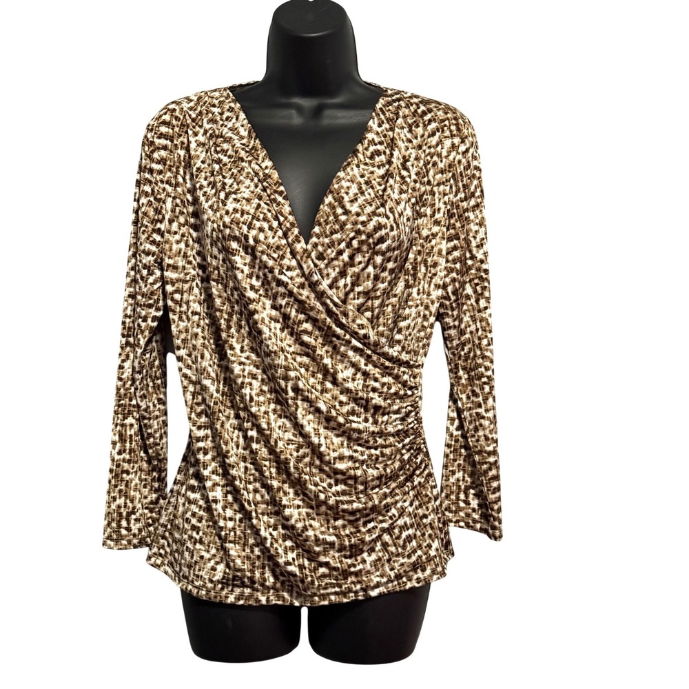 Jones New York Collection Brown Abstract Surplice V-Neck Ruched Top Small